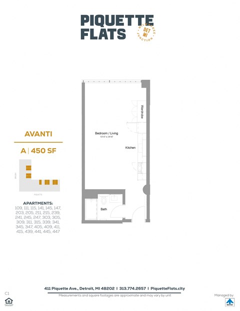 a 380 sq ft floor plan of a studio apt